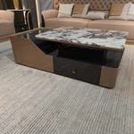 Contemporary Marble-Top Storage Coffee Table with Natural Wood Veneer Accents
